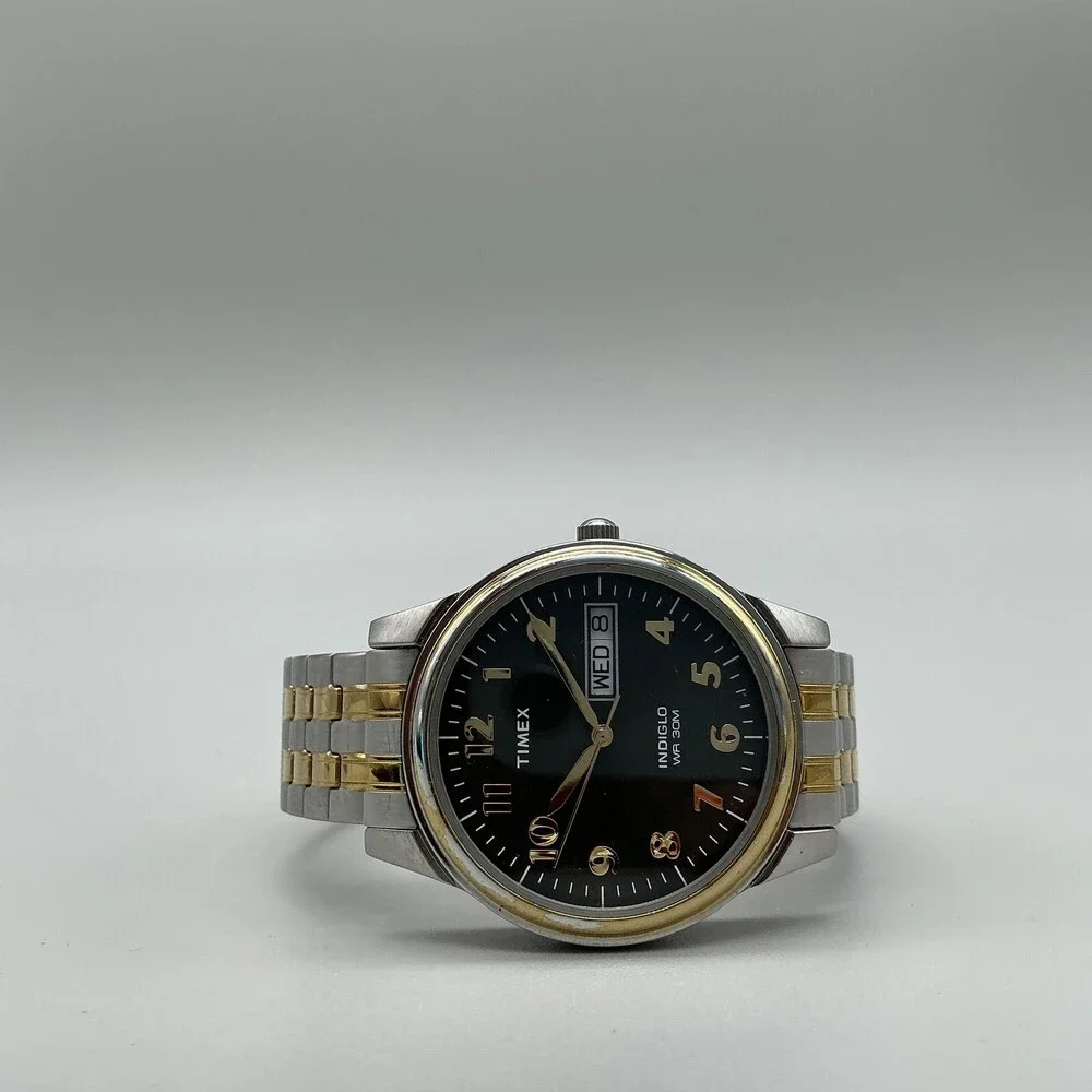 Timex Charles Street Indiglo WR 30M Mens Watch 35mm Black Dial Two Tone Date